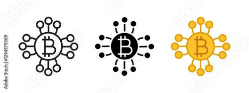 Bitcoin blockchain network icon. Decentralized cryptocurrency vector illustration. Digital finance transaction symbol. Secure investment economy sign. Fintech innovation business design.