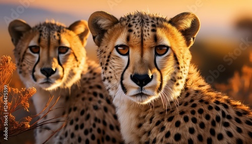 Majestic Cheetah Siblings in Serengeti Dawn, Graceful Streaks of Gold and Umber, Basking under the African Sun photo