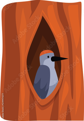 Woodpecker peeks out of its nest in a tree hollow, wildlife habitat concept