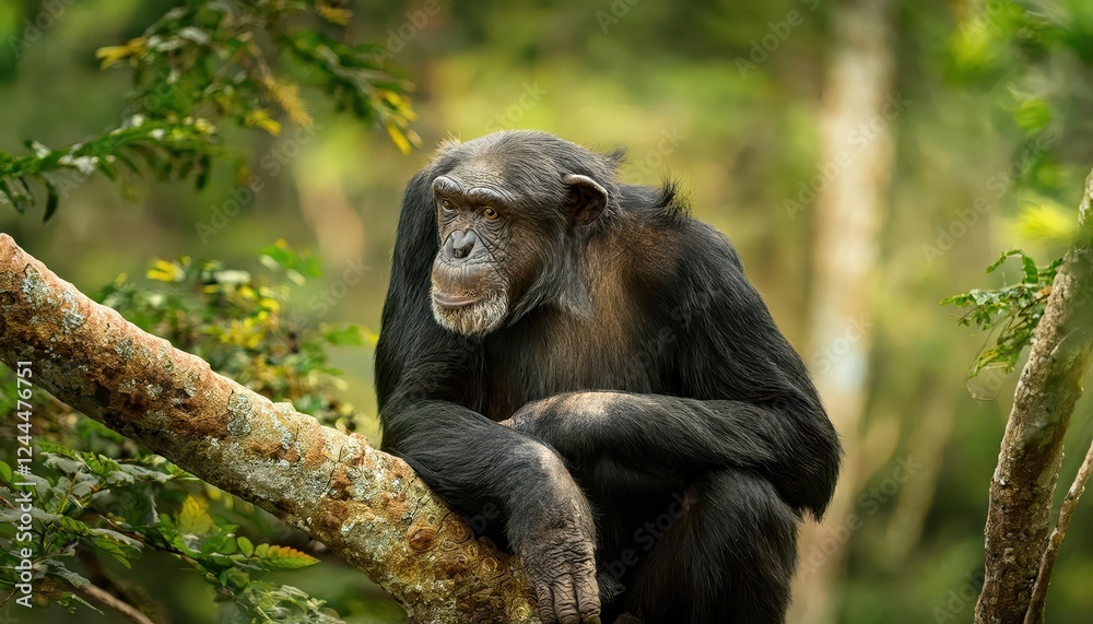 Astonishing Chimpanzee Amidst Dark Forest Majesty in Kibale National Park, Uganda at Dawn Astonishing Chimpanzee Amidst Dark Forest Majesty in Kibale National Park, Uganda at Dawn