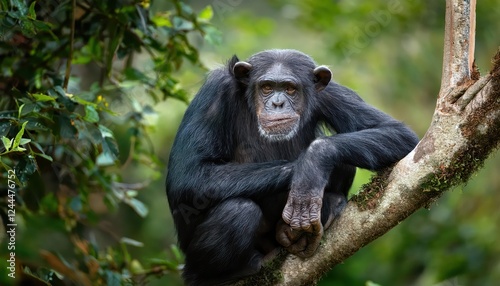 Vibrant Morning Encounter Chimpanzee Swing Through the Shadows of a Misty Kibale Forest, Uganda