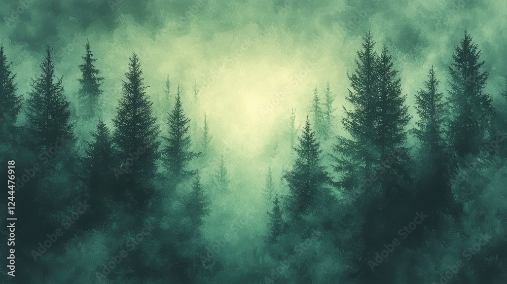 A misty forest scene with dark trees and a soft light in the background.