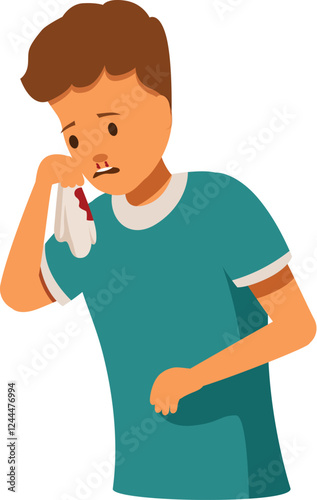 Boy holding tissue against nose to stop bleeding, suffering from epistaxis