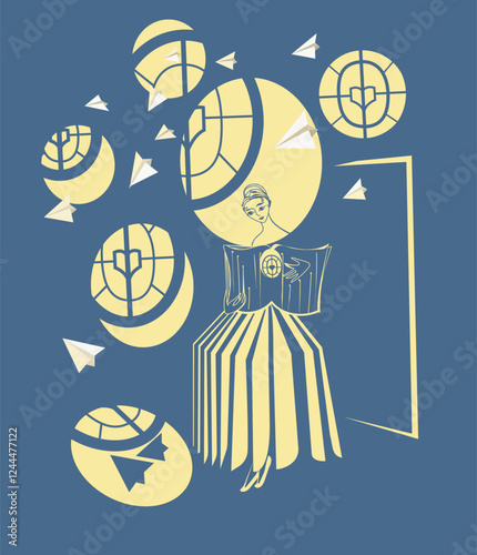 A girl with a book. A woman in the image of a book against the background of illuminated windows. Paper airplanes and letters are flying around