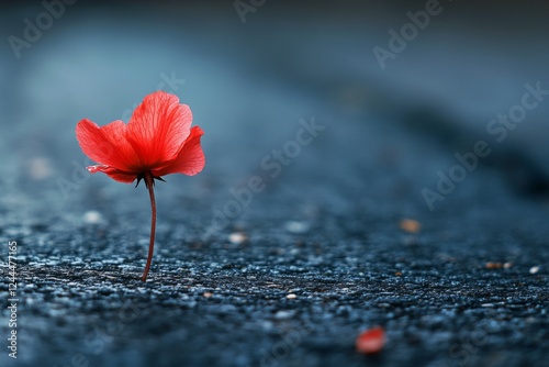 A single red flower growing out of cracked pavement in a symbolic style photo