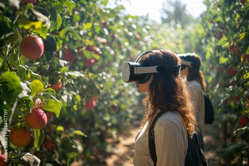 A woman using virtual reality goggles to pick apples in an orchard photo