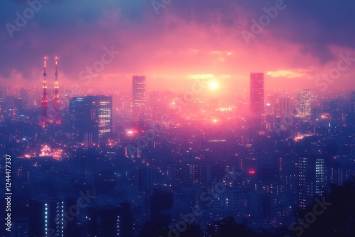 Wallpaper Mural A futuristic urban skyline glowing with neon lights at dusk Torontodigital.ca