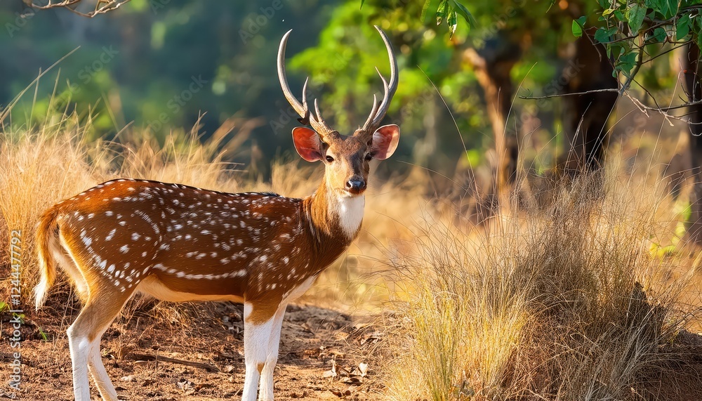 Fototapeta premium Spotted Deer in Bandipur National Park A Majestic Chital Deer Roaming through the Lush Wilderness at Dawn, Captured with Stunning Clarity on a Winter Morning