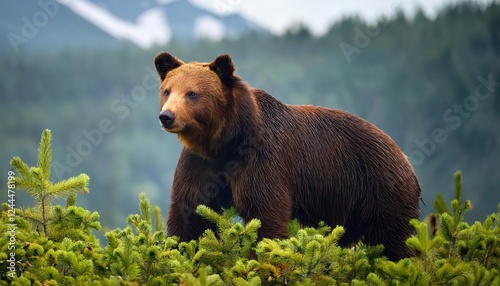 Striking Encounter A Cinnamon Black Bear Wandering Amongst Balsam Roots, Basking in the Golden Light of a Winter Sunset photo