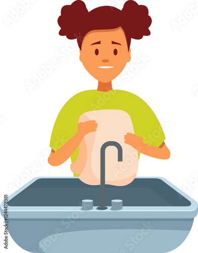 Young girl expressing sadness while holding a wet rag over the sink, depicting the challenges of household chores for children
