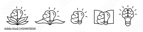 Series of minimalistic icons featuring creative combinations of brain, light bulb and book.
