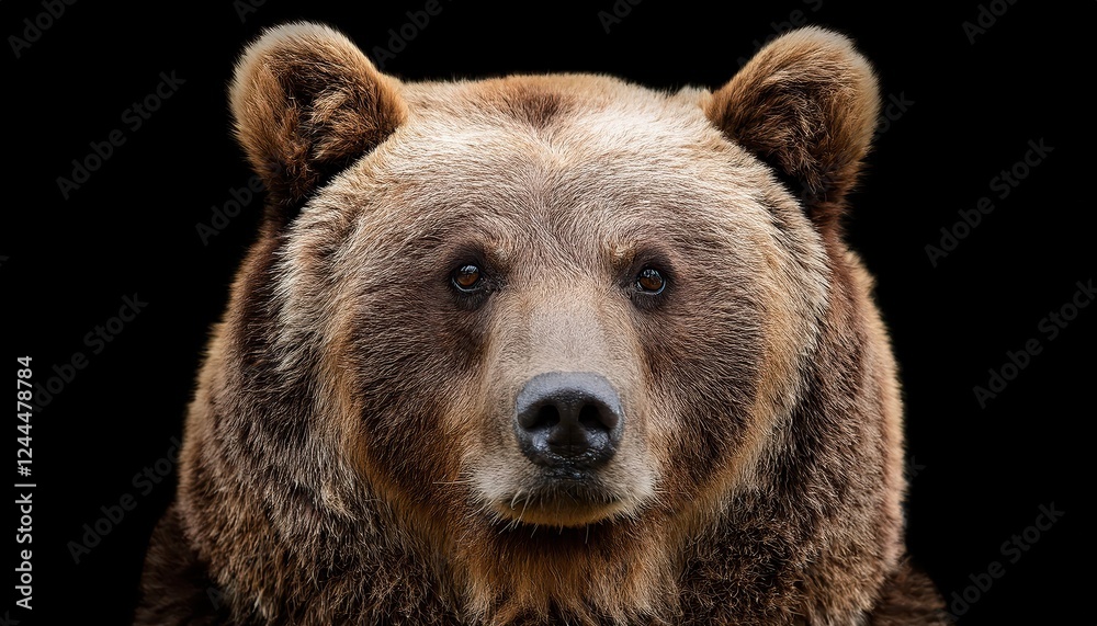 Intimate Black Background Portrait of a Closeup Brown Bear, Showcasing Striking Fur Textures and Captivating Eyes in an Artistic Masterpiece. Intimate Black Background Portrait of a Closeup Brown Bear, Showcasing Striking Fur Textures and Captivating Eyes in an Artistic Masterpiece.