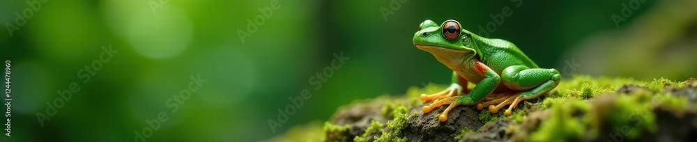 Fototapeta premium Green frog on a mossy rock, eyes fixed on something unseen , legend, animal