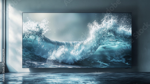 A sleek ultra-HD OLED TV mounted on a modern wall, displaying a hyper-realistic ocean wave with water splashing out of the frame, capturing intricate droplets in mid-air photo