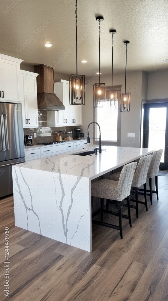 Fototapeta premium Modern kitchen with white marble island and bold black accents