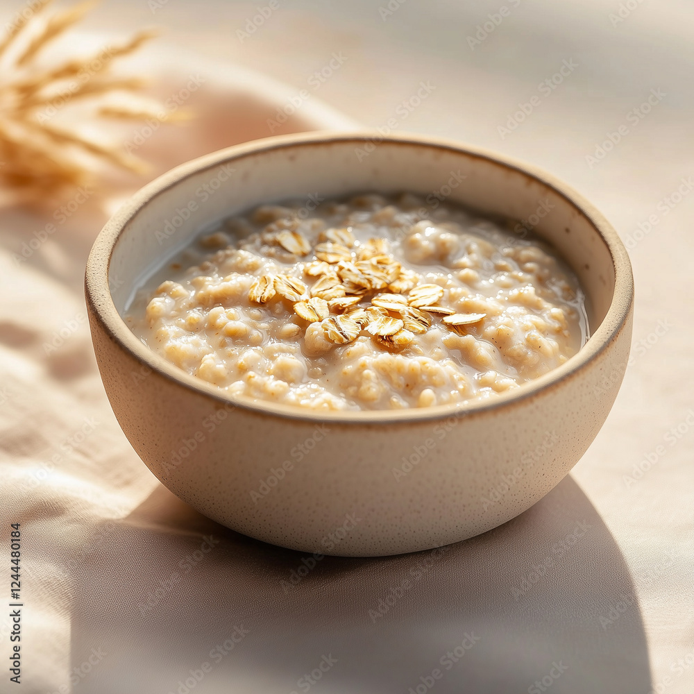 Creamy oatmeal porridge with whole grain oats, served in a rustic ceramic bowl with natural sunlight, healthy and nutritious breakfast option Creamy oatmeal porridge with whole grain oats, served in a rustic ceramic bowl with natural sunlight, healthy and nutritious breakfast option