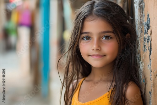 Smiling girl leaning against a wall outdoors photo