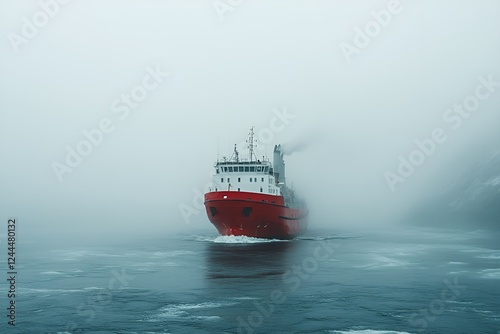 A red cargo ship emerges from dense fog, navigating icy waters with visible waves around its hull


