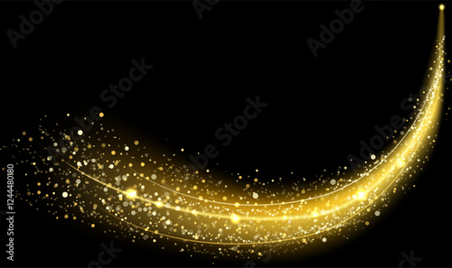 Golden glowing shiny lines effect with glitter particles creating an elegant and festive atmosphere on a black background, perfect for luxury, celebration, and holiday themed designs