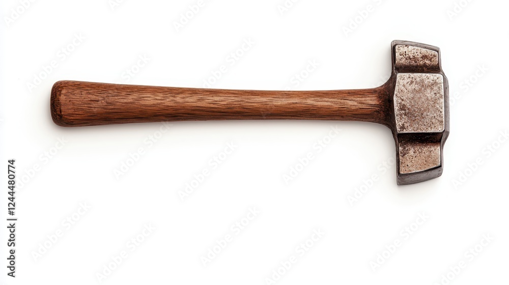 A wooden-handled hammer with a heavy metal head, commonly used in construction and woodworking.