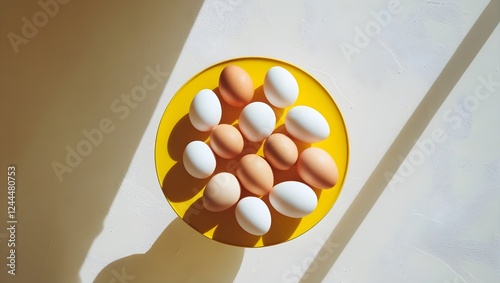 eggs laying on a yellow table, space for copy photo