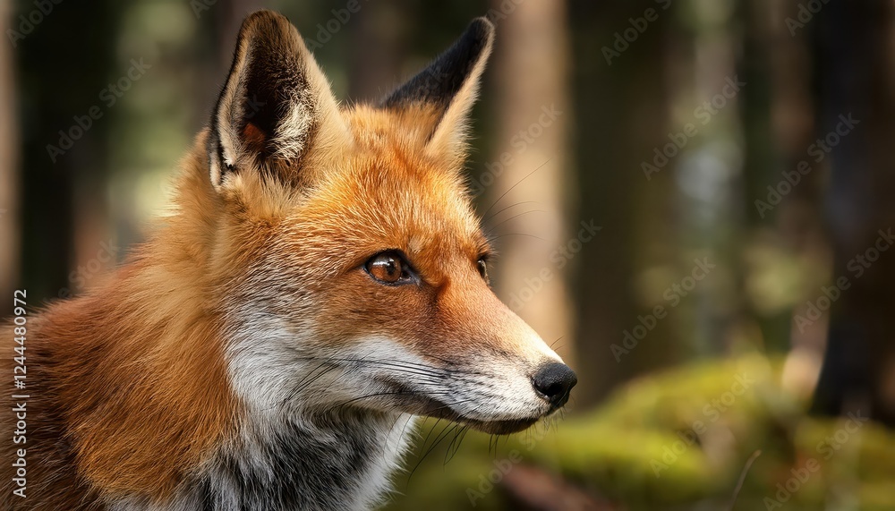 Fototapeta premium Striking Closeup of a Red Fox Amidst the Enchanting Forest, Capturing the Wild and Mysterious Beauty of Nature at Dusk.