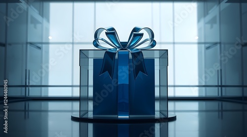 a large gift box in business building setting, concept of corporate gift, space for copy
