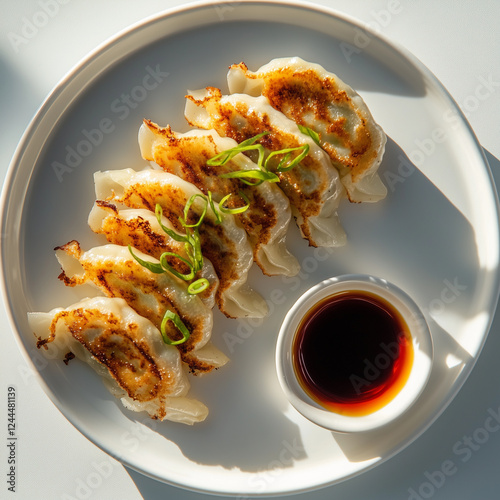 Crispy pan-fried japanese gyoza dumplings served on a white plate with soy sauce and garnished with fresh green onions, traditional asian appetizer close-up photo