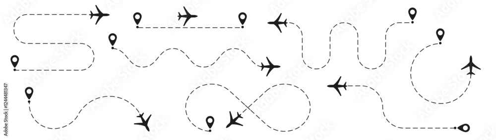 Flight path designs illustrating airplane tracking routes with dynamic dotted lines for travel maps and aviation concepts PNG