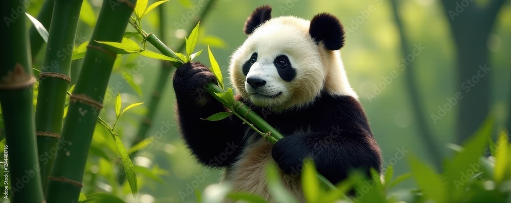 Obraz premium Giant panda meticulously stripping bamboo leaves, herbivore, zoo