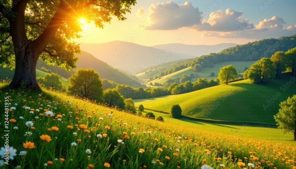Obraz premium Golden sunlight bathes rolling hills, abundant trees, flowering meadow, field, nature