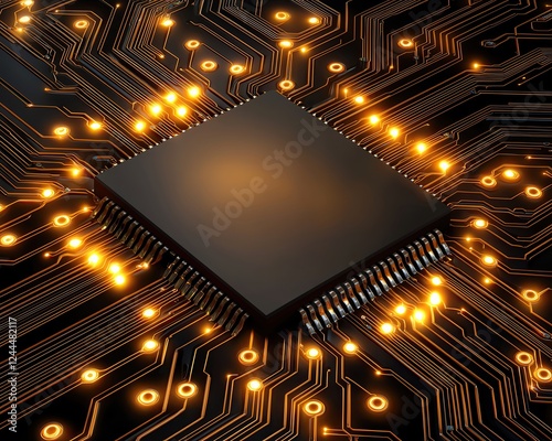 Circuit Board Visuals for Tech Imagery, Macro Shots of Electronic Circuit Boards, Close-up of a glowing computer chip circuit. photo