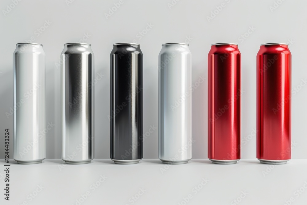 High-quality 3D render of aluminum slim cans in silver, white, black, and red, arranged on an isolated white background, perfect for beer can mockup templates High-quality 3D render of aluminum slim cans in silver, white, black, and red, arranged on an isolated white background, perfect for beer can mockup templates