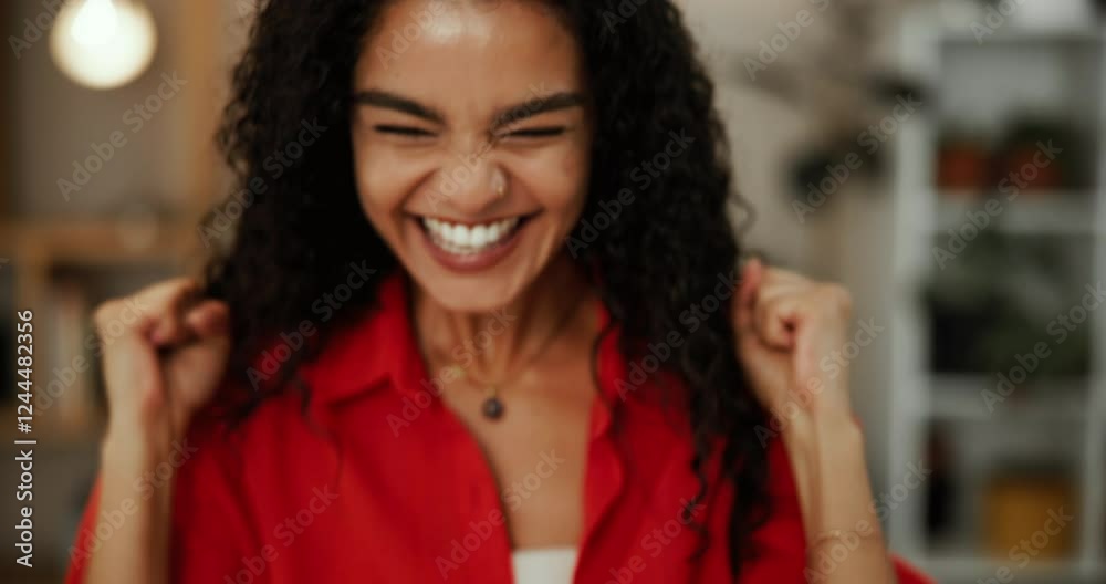 Woman, celebration and remote work from home office, excited and shout for success, goals or bonus. Person, girl and happy with cheers with winning, increase and funding for project at apartment