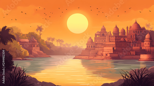 Sacred ganges river flowing with space for text in the sky or water. holy river in hinduism. Sacred Spaces & Temples. Illustration