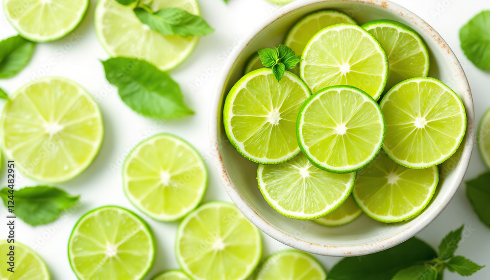 Fresh Lime Slices in Bowl with Mint Leaves Fresh Lime Slices in Bowl with Mint Leaves