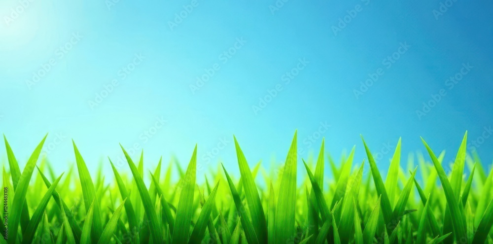 Fototapeta premium Lush green grass blades set against clear blue , bright, organic