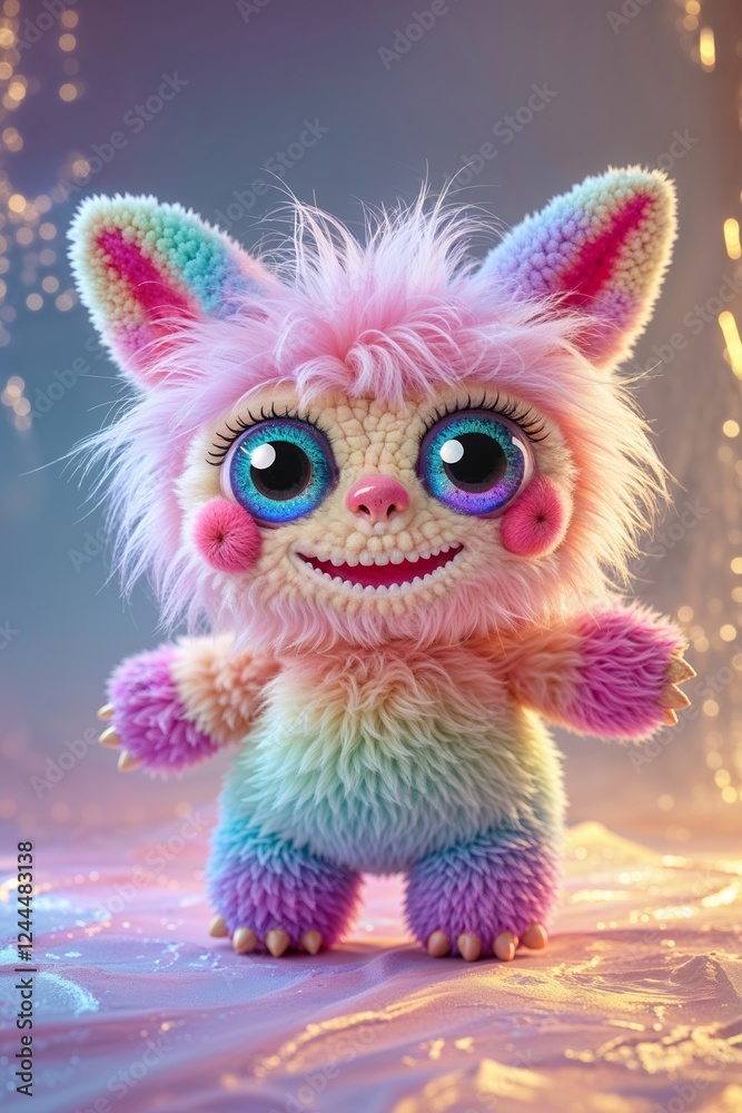 Fototapeta premium Smiling colorful fluffy fantasy monster with large eyes standing against a magical background