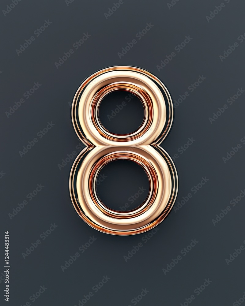 A stunning 3D rendering of the number eight, showcasing a metallic texture against a dark background, ideal for modern design projects and digital artwork.