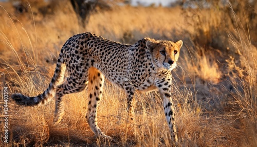 Intense Moment Cheetah in Pursuit Amongst the Savannah Grasses of South Africas Kruger Park, Showcasing Power and Grace
