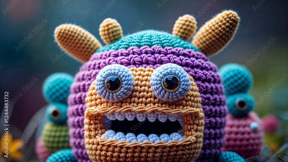 Fototapeta premium Colorful Crochet Monster Toys with Googly Eyes and Open Mouths Outdoor Close Up