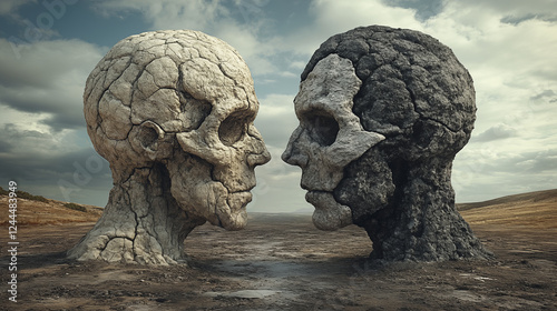 Monumental stone heads facing each other in surreal landscape, representing dialogue, confrontation and human consciousness exploration
