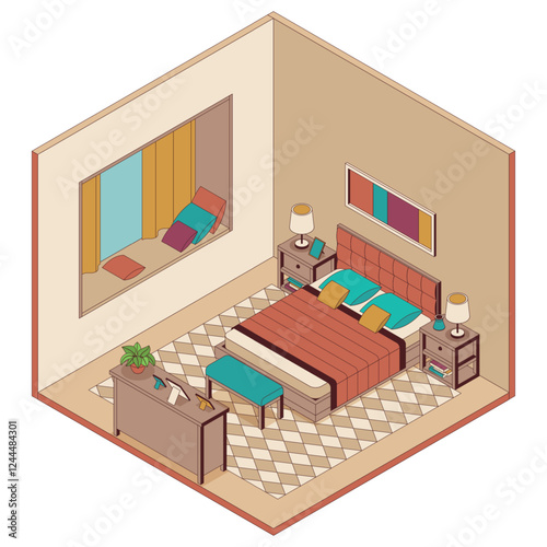 A contemporary bedroom showcases a spacious layout with a large bed, elegant nightstands, colorful cushions, and a window letting in natural light, creating a welcoming feel.
