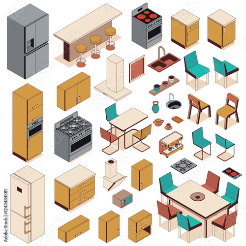 Various kitchen appliances and furniture are displayed, including a refrigerator, stove, sink, and dining table with chairs. The arrangement highlights modern design elements and colors.