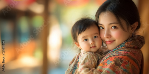 Mother holds her baby with warm smile in cozy outdoor setting during the golden hour of the day