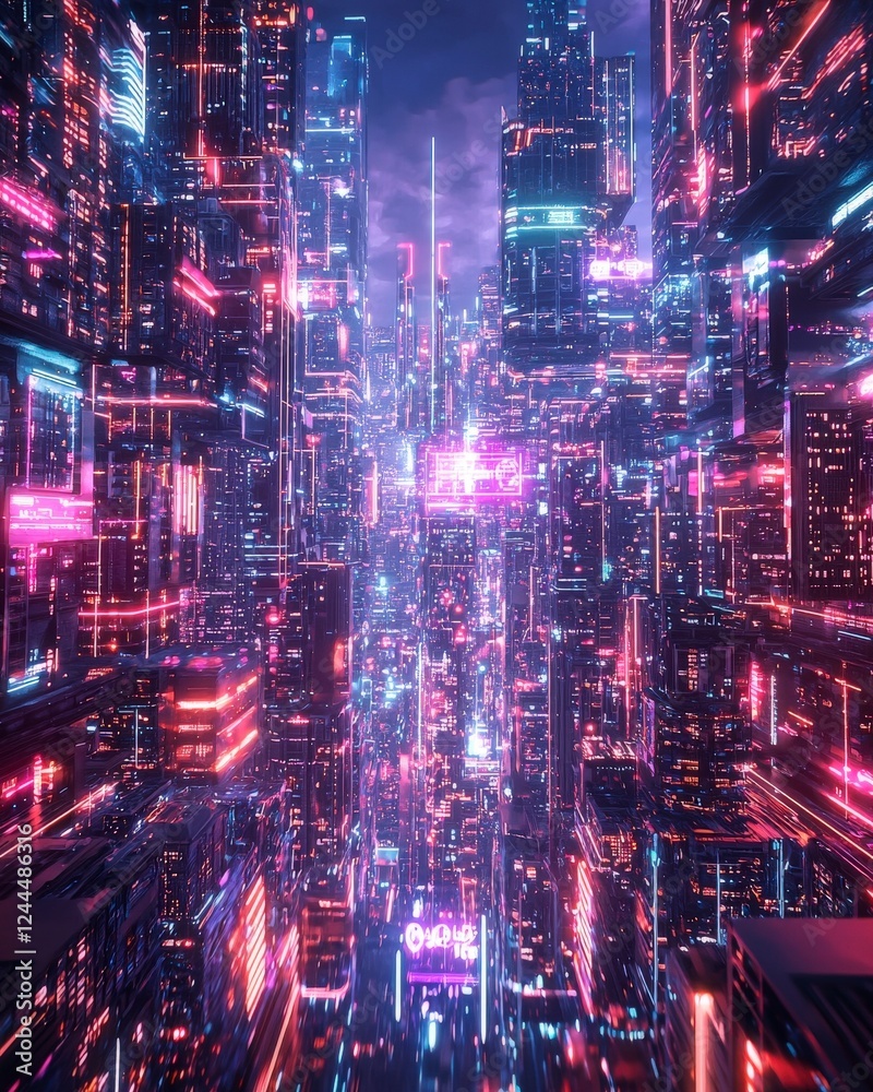 A futuristic cityscape illuminated with vibrant neon lights, showcasing a stunning mixed-use environment filled with towering skyscrapers. A futuristic cityscape illuminated with vibrant neon lights, showcasing a stunning mixed-use environment filled with towering skyscrapers.