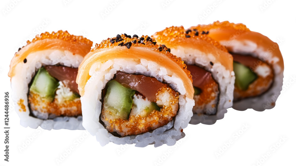 Delicious uramaki sushi rolls covered with salmon and sesame seeds on transparent background Delicious uramaki sushi rolls covered with salmon and sesame seeds on transparent background