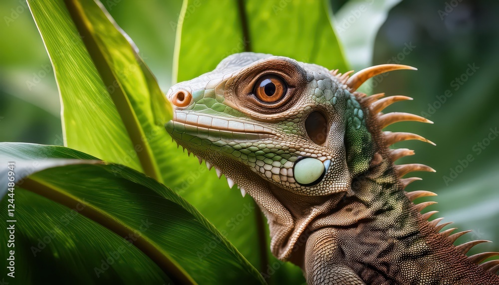 Enthralling Forest Dragon Peering through a Holed Leaf in a Lush Indonesian Rainforest, Captured at Dusk. Enthralling Forest Dragon Peering through a Holed Leaf in a Lush Indonesian Rainforest, Captured at Dusk.