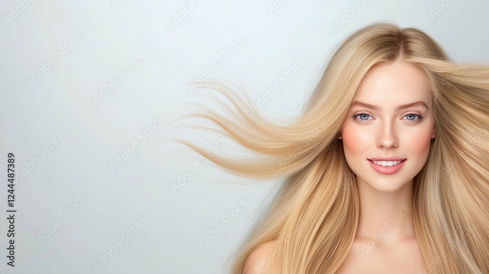 Fototapeta premium Banner with a beautiful blue-eyed blonde with beautiful long hair, an advertising good hair, a shampoo or beautiful hair styling