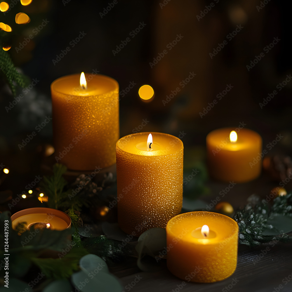 Candles with golden and shiny wax, arranged in an artistic display on a wooden table, against a dark background Candles with golden and shiny wax, arranged in an artistic display on a wooden table, against a dark background